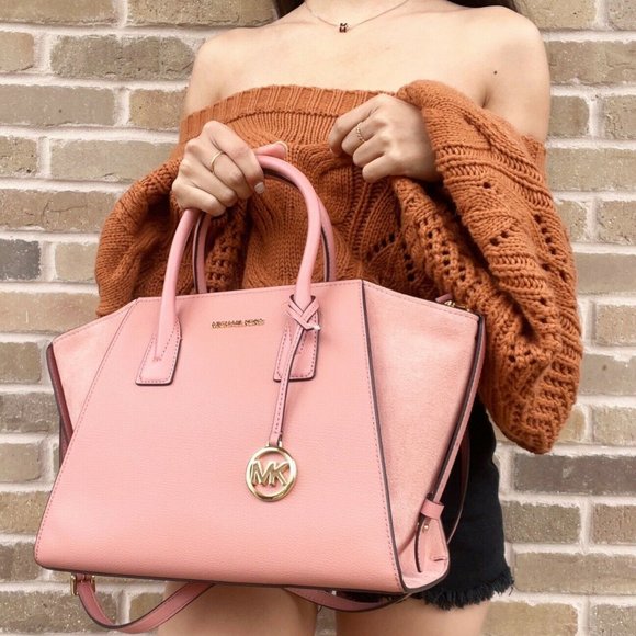 Michael Kors Avril Large Top Zip Satchel Shoulder Crossbody Bag Pink Rose Suede - Picture 5 of 6